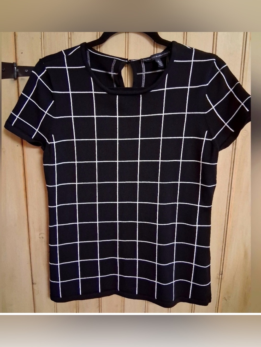 WHBM Black and White Grid Pattern Top, Womens Size Medium, Short Sleeve